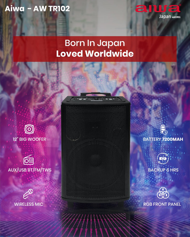 AIWA AW-TR102 Bluetooth Trolley Party Speaker, 150W 12" Subwoofer, 2 Wireless Mics, Karaoke & Recording Features, Dynamic Bass Boost, RGB LED Lights, 7200mAh Battery, Multi-Connectivity (USB/AUX/FM/Mic/TWS) – Black